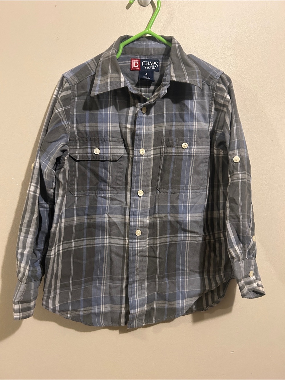 Chaps Boys Blue and Gray Plaid Button-Down Shirt
